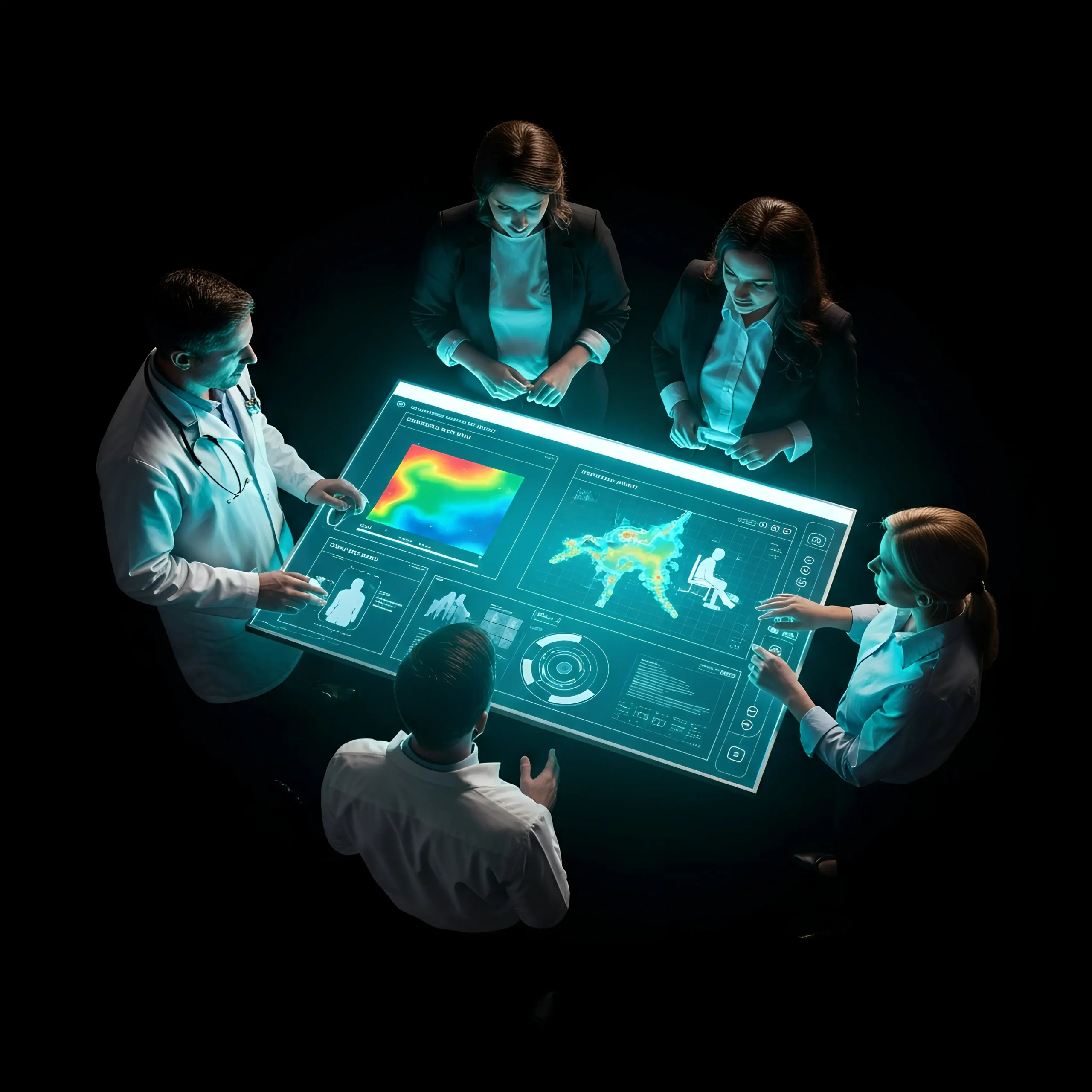 modern occupational health and ergonomics team meeting, doctor, ergonomist, engineer and developer analyzing workplace data on screen, teal blue lighting, professional and human-centered mood